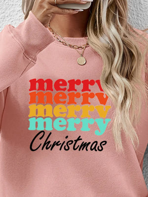 Blush Pink crewneck sweatshirt with retro "Merry Christmas" graphic in red, orange, yellow, and teal.