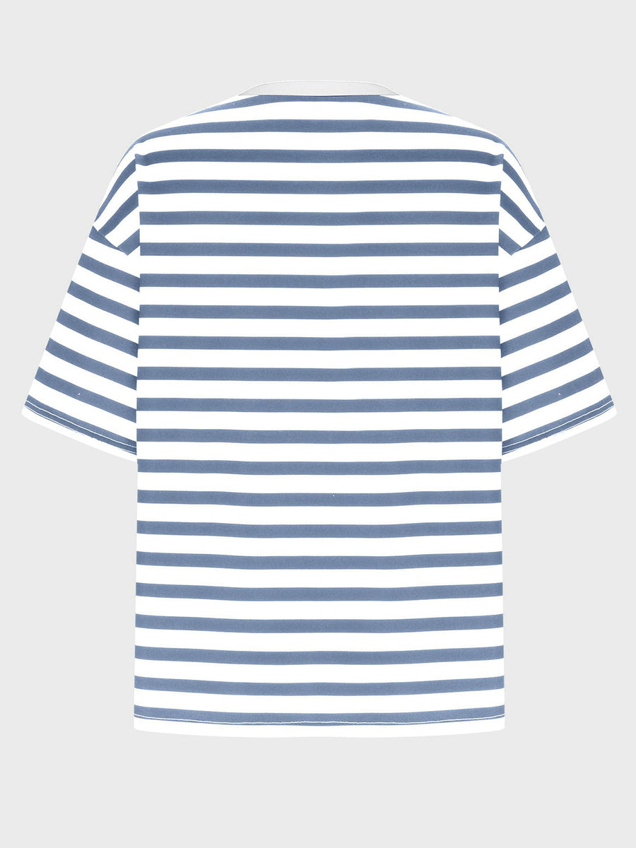 Oversized striped tee with dropped sleeves in Dusty Blue and white horizontal stripes.
