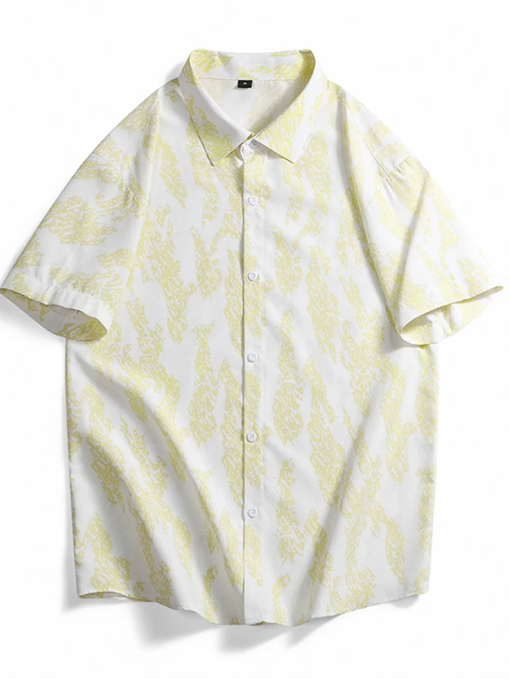 Short sleeve button-up shirt in white with abstract neon yellow pattern, cotton fabric.