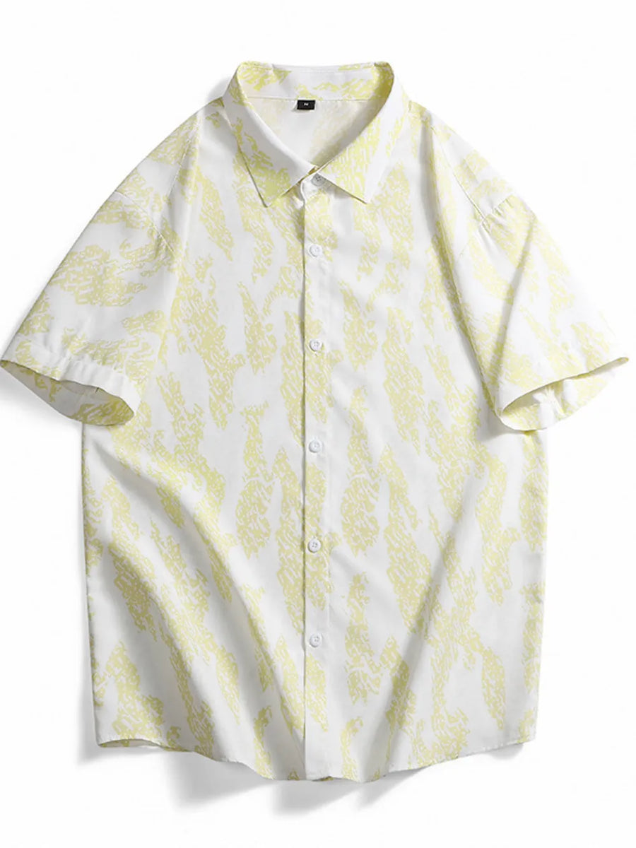 Short sleeve button-up shirt in white with abstract neon yellow pattern, cotton fabric.