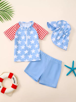 Children's Patriotic Star Print Swim Set With Hat