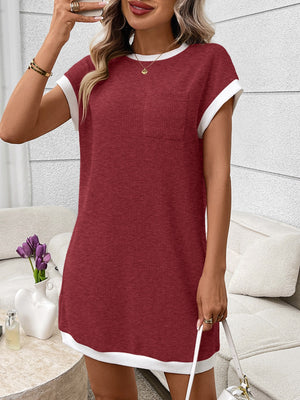Burgundy ribbed knit mini dress with white trim and pocket.