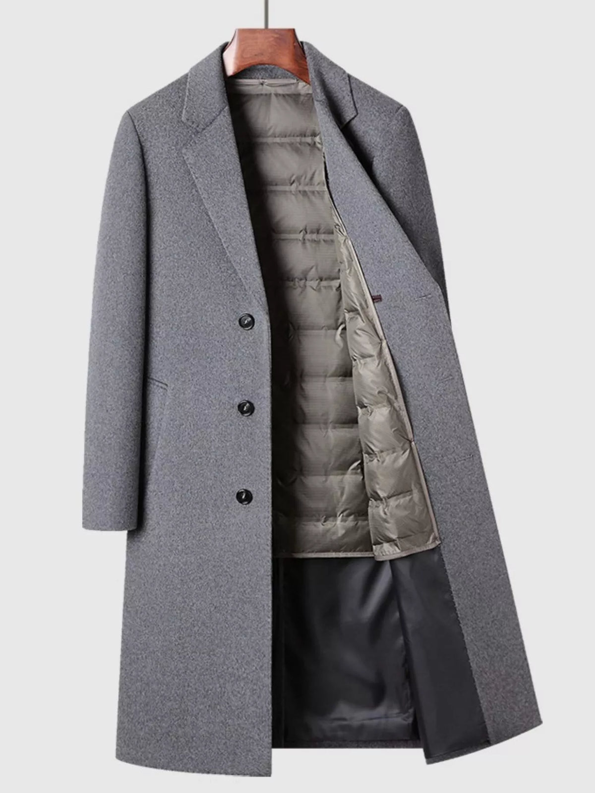 Men's classic dark gray button up overcoat with quilted lining and notched lapels.