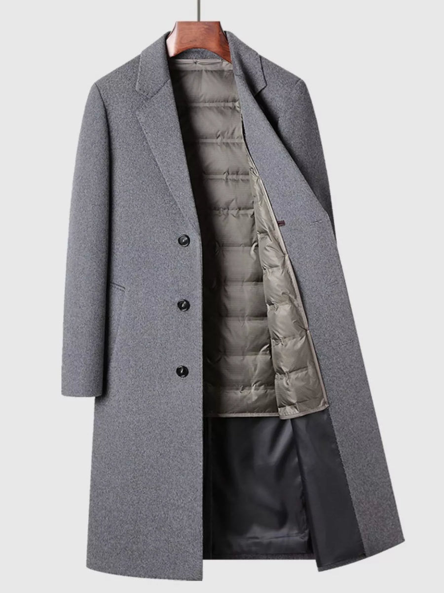 Men's classic dark gray button up overcoat with quilted lining and notched lapels.
