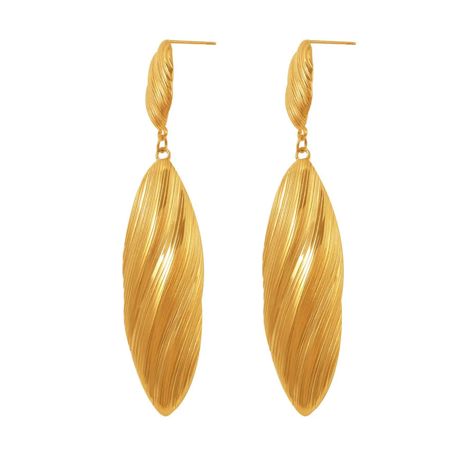 Textured gold leaf drop earrings with a twisted design.