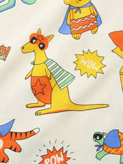 Children's crew neck t-shirt with a fun animal superhero print on beige fabric.