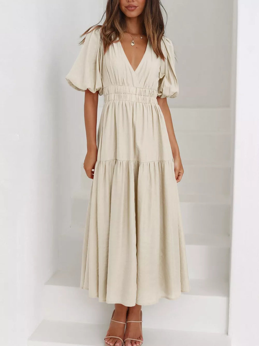 Black Elegant Puff Sleeve V-neck Midi Dress