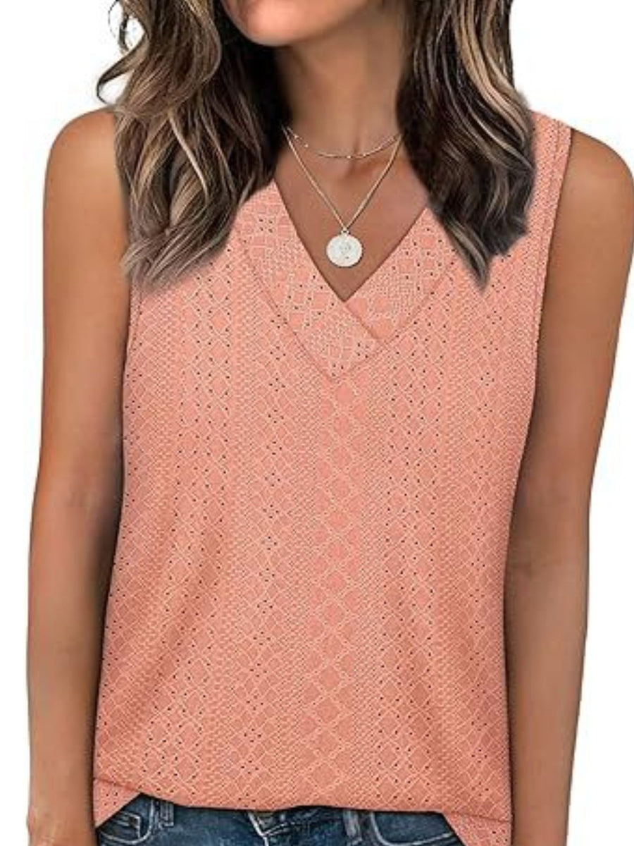 Eyelet V-neck sleeveless tank top in dusty pink with a textured pattern.