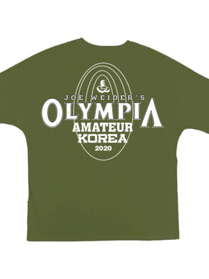 Oversized graphic tee in Army Green with Olympia Amateur Korea 2020 print.