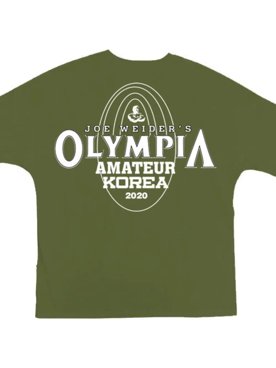 Oversized graphic tee in Army Green with Olympia Amateur Korea 2020 print.