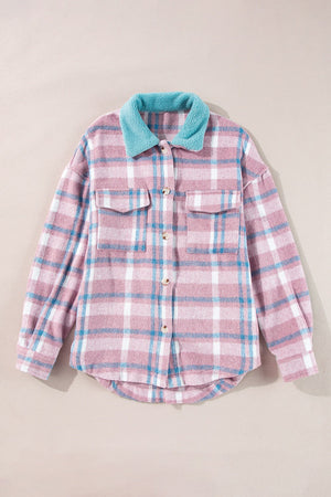 Pastel plaid shacket in dusty pink with a contrast fuzzy blue collar and button front.