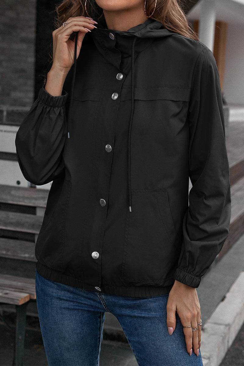 Black hooded utility jacket with drawstring waist, button front, and elastic cuffs.