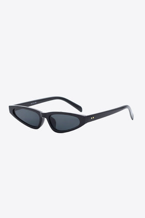 Black angular cat-eye sunglasses with tortoiseshell pattern and gold stud details