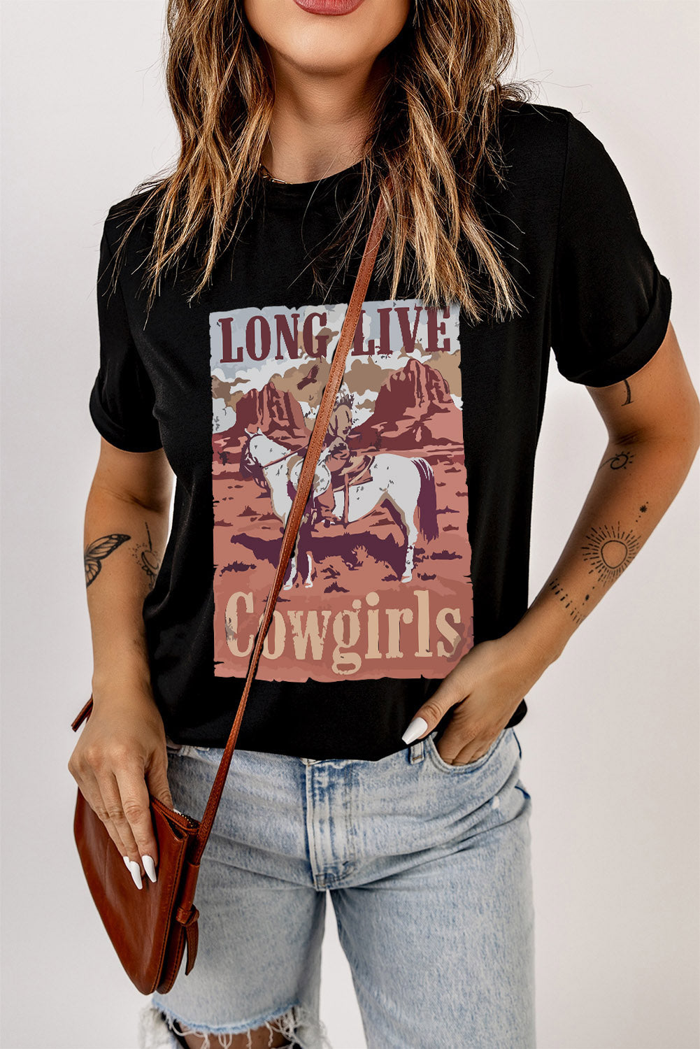 Black graphic tee with a desert scene and "Long Live Cowgirls" text.