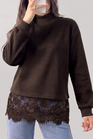 sweatshirt in dark brown featuring lace detail and relaxed fit
