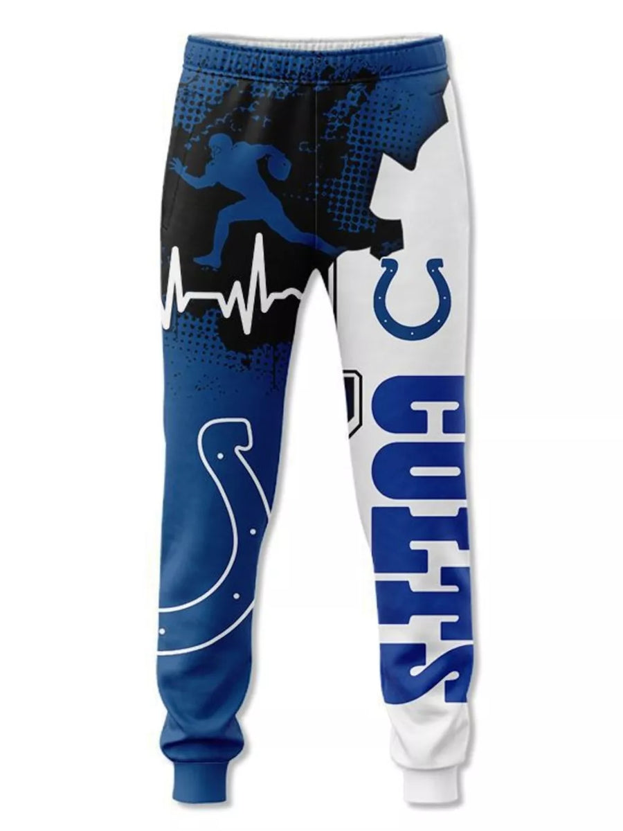 Indianapolis Colts blue and white graphic print sweatpants with football player and heartbeat design
