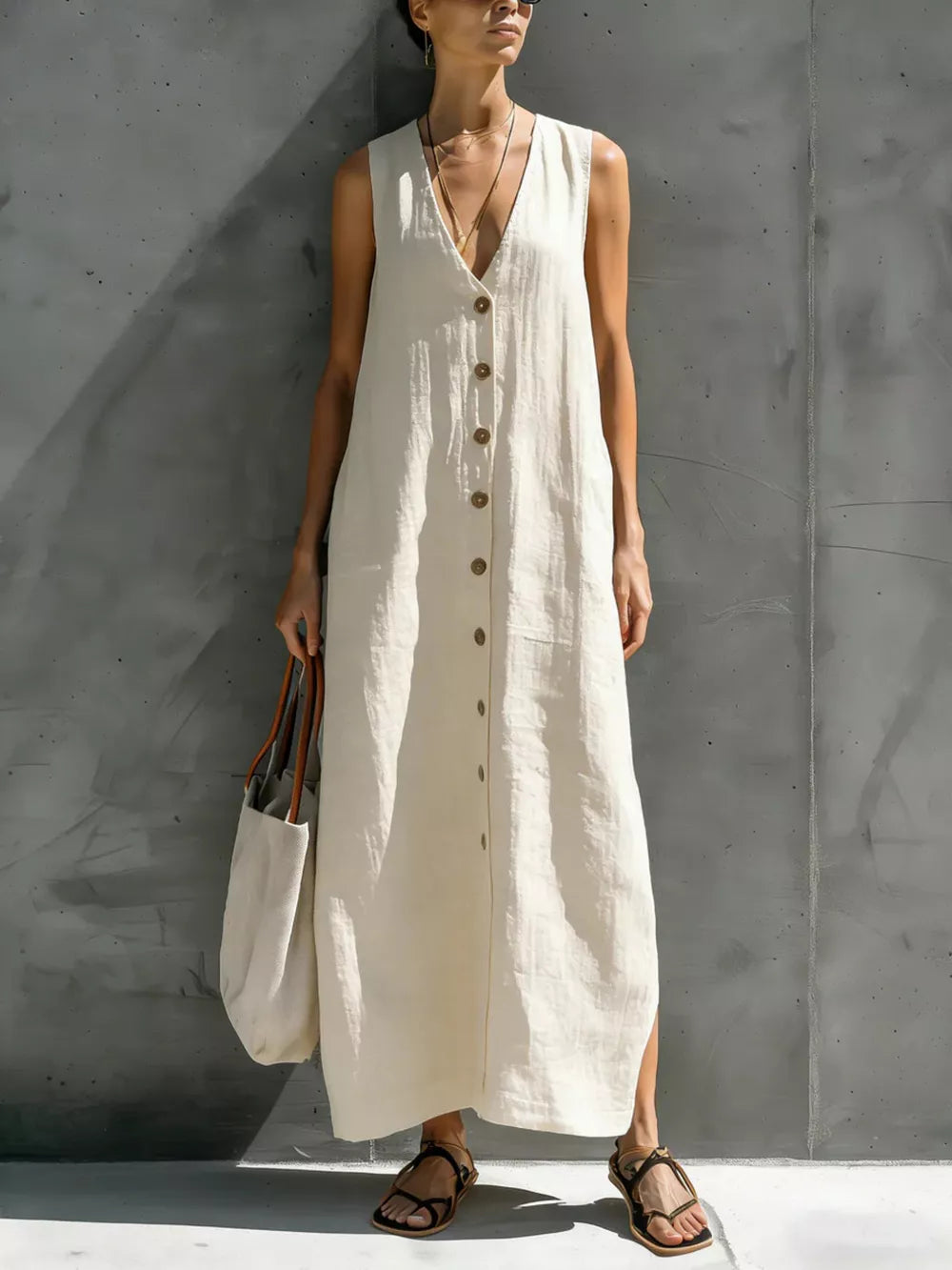 maxi dress in cream featuring buttoned and straight fit