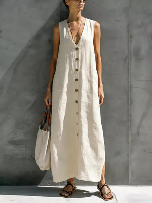 maxi dress in cream featuring buttoned and straight fit