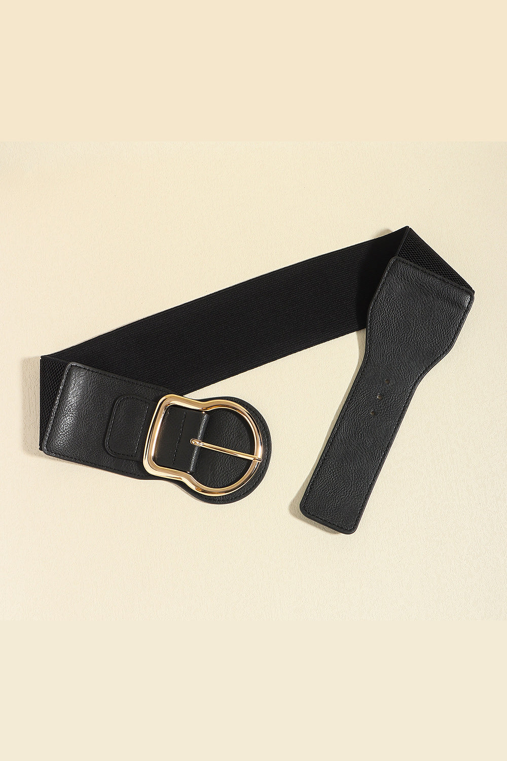 Black elastic belt with faux leather trim and a gold buckle detail.