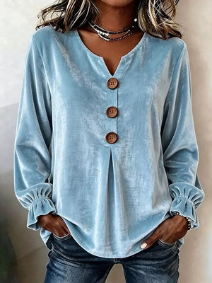 Velvet Button Decor Blouse With Ruffled Cuffs in Black