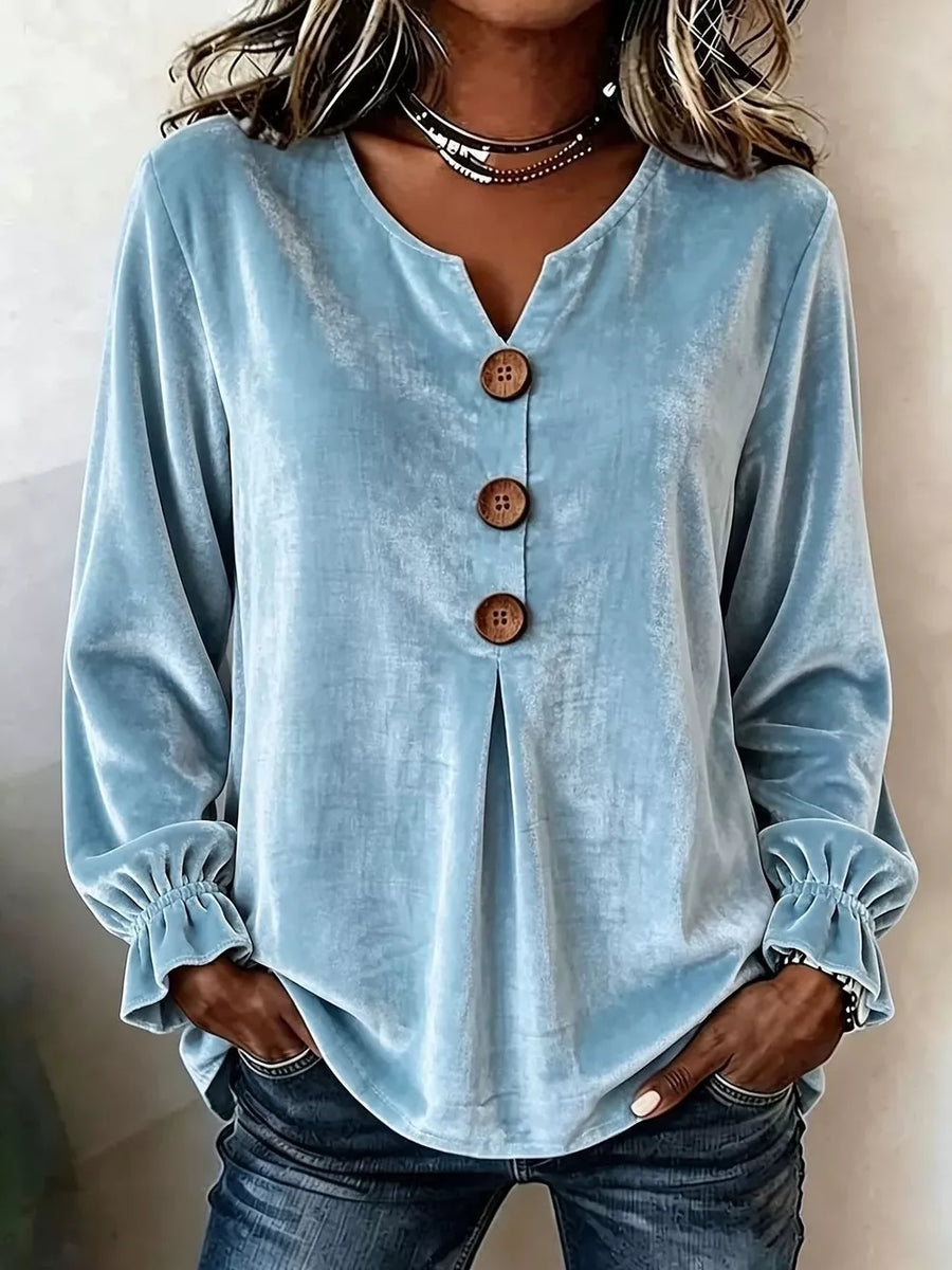Velvet Button Decor Blouse With Ruffled Cuffs in Black