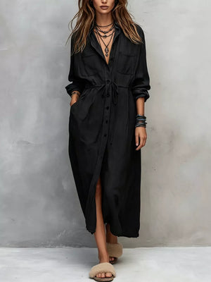 Pink Full Size Button Front Long Sleeve Shirt Dress Plus Size