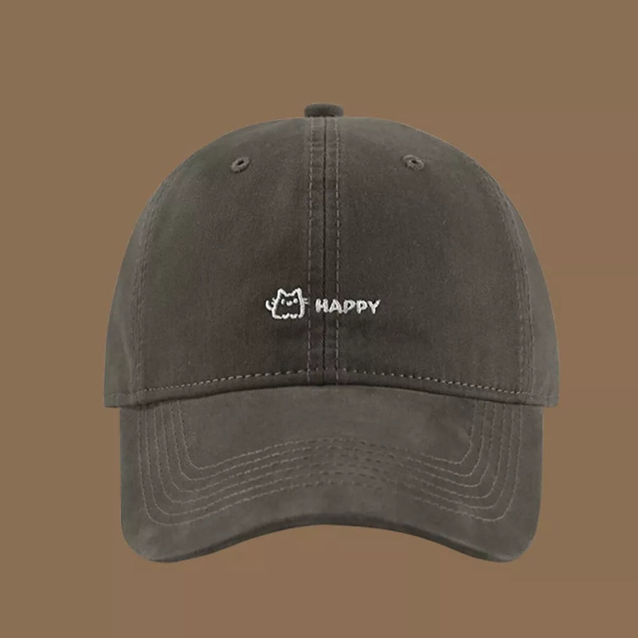 Grey cotton baseball hat with embroidered cat graphic and HAPPY text