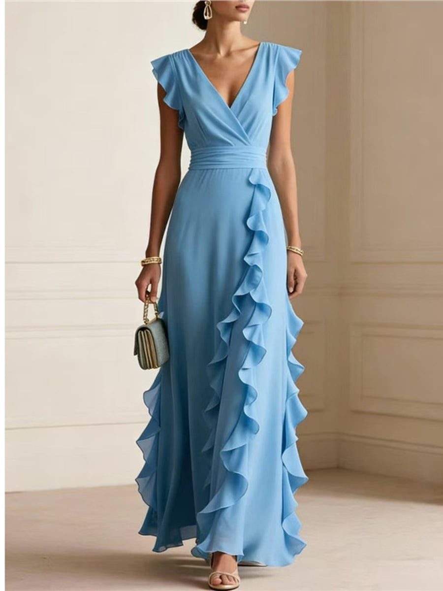 Ruffled Surplice Sleeveless Maxi Dress in Apricot with ruffled