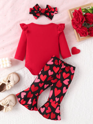 Red baby bodysuit with ruffled sleeves and heart-print bell-bottom pants and headband.
