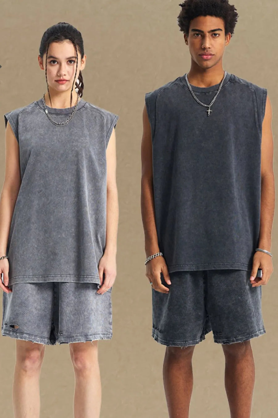Acid wash relaxed fit tank top in dark gray and black, with a crew neck and sleeveless design.