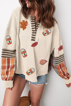 Beige with Sequin Autumn Leaf Coffee Cup Waffle Knit Top