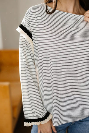 Stripe Contrasted Ruffle Trim Loose Long Sleeve Top option 5