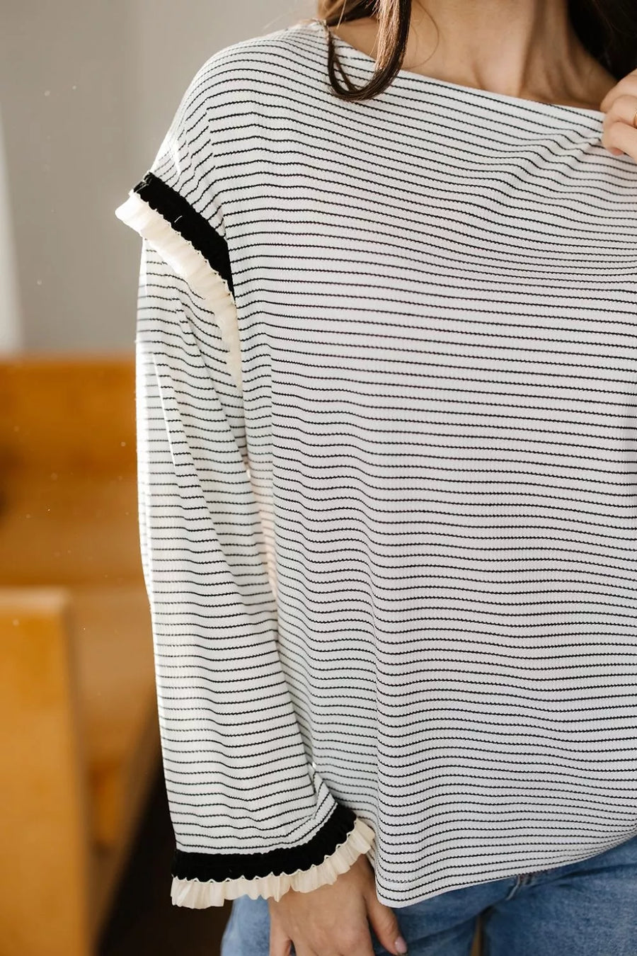 Stripe Contrasted Ruffle Trim Loose Long Sleeve Top option 5
