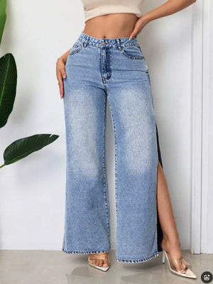 Blue High-waisted Wide-leg Jeans With Side Slits