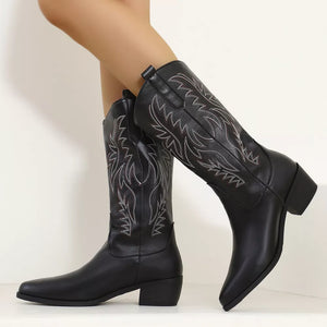 Black embroidered western-inspired mid-calf boots with block heels