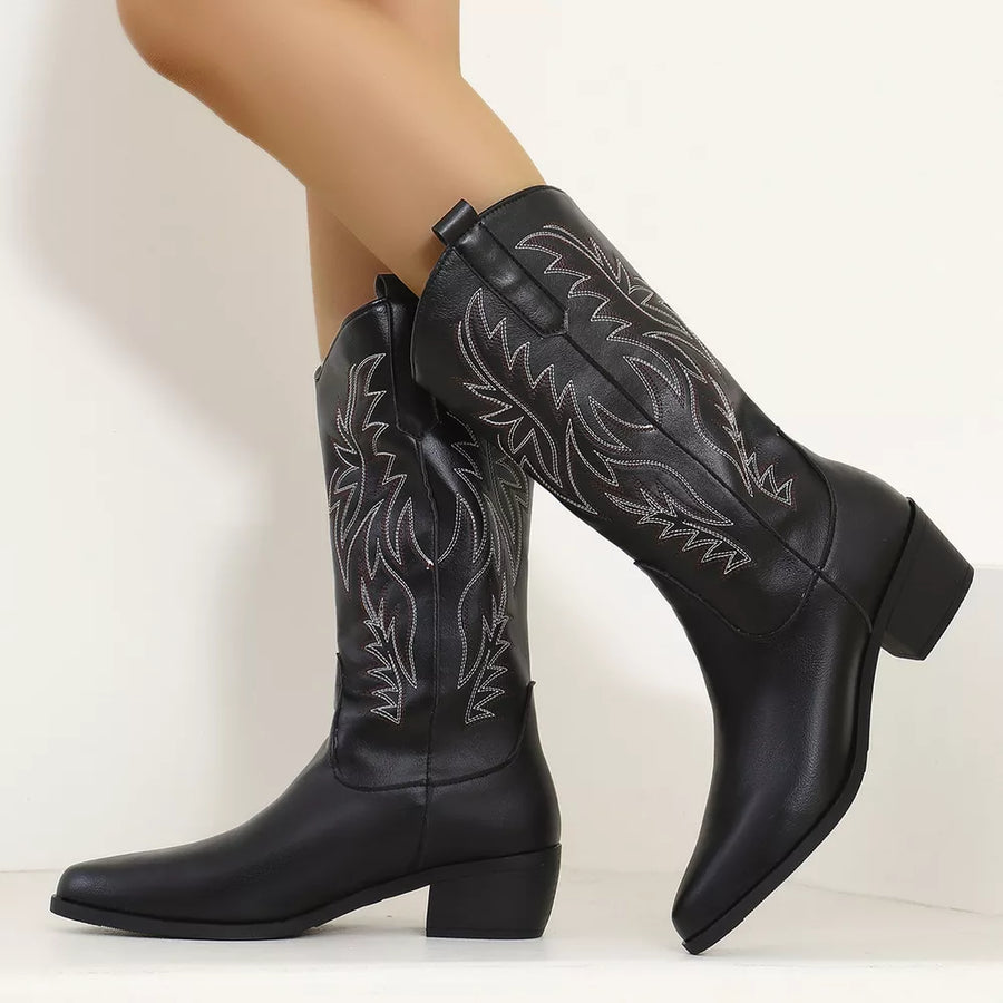 Black embroidered western-inspired mid-calf boots with block heels