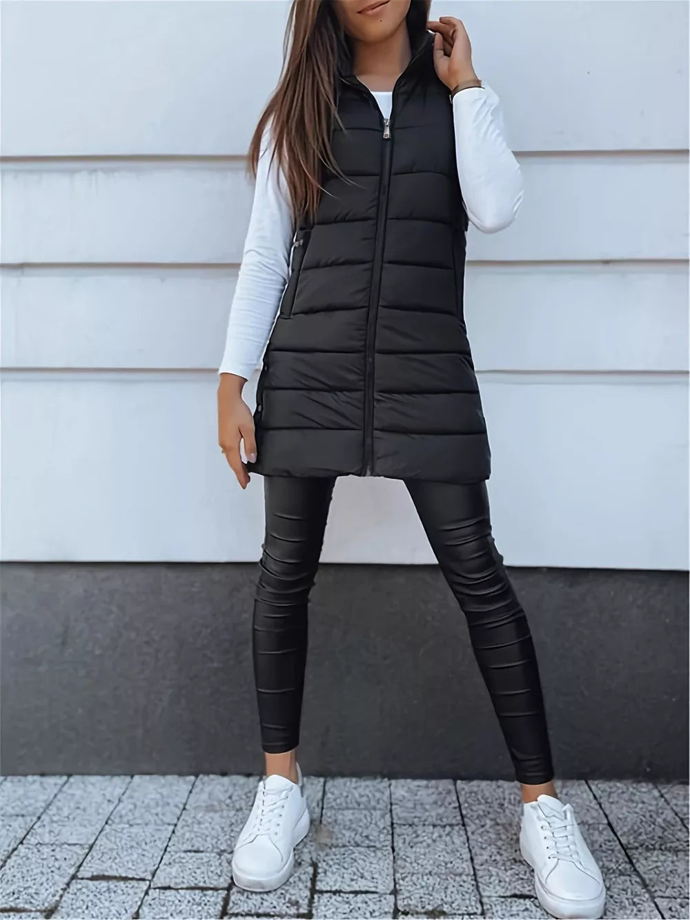 Zip Up Longline Hooded Puffer Vest Coat in olive green with lightweight