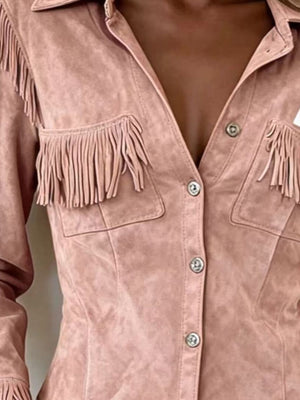 Full Size Fringed Snap Down Jacket in camel with fringe