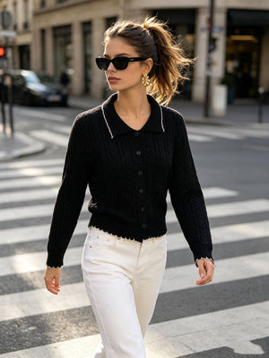 Black cardigan with cropped and button-front