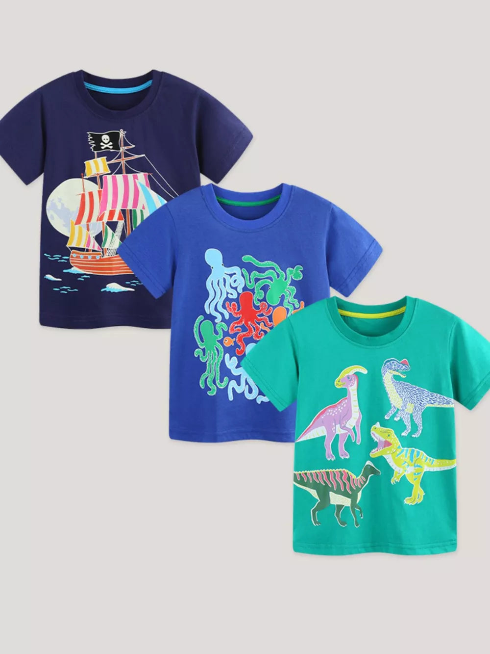 Kids' 3-piece cotton crew neck t-shirt set with pirate ship, octopus, and dinosaur graphics.
