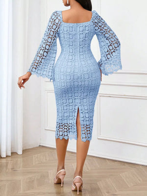 Light blue lace midi dress with sheer bell sleeves and a square neckline.