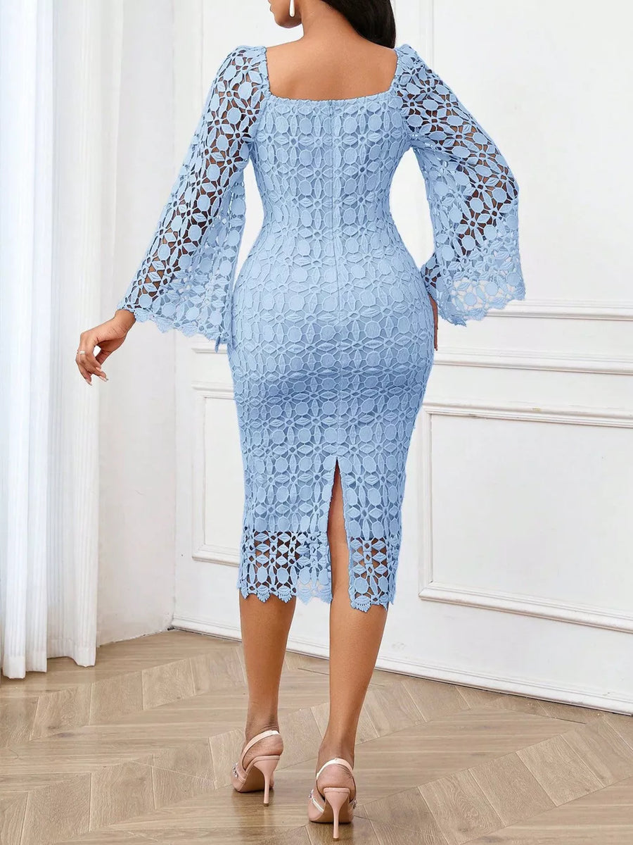 Light blue lace midi dress with sheer bell sleeves and a square neckline.
