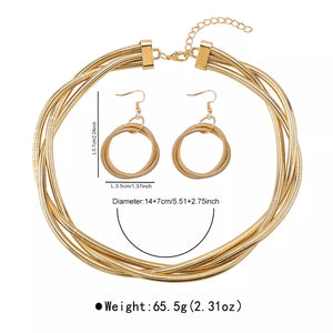 18k Gold-plated Multi-layered Necklace & Earrings Set in Silver with multi-layered