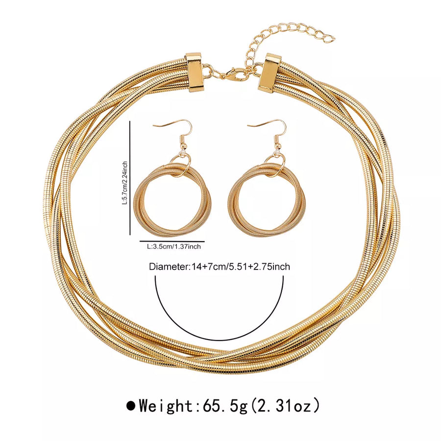 18k Gold-plated Multi-layered Necklace & Earrings Set in Silver with multi-layered