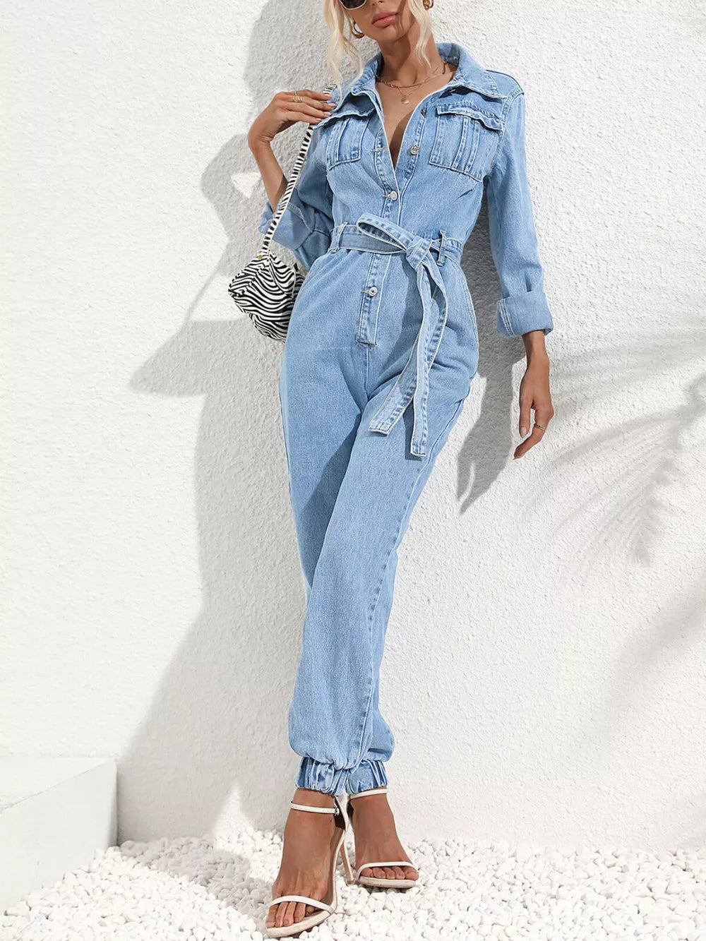 Button Front Belt Denim Jumpsuit