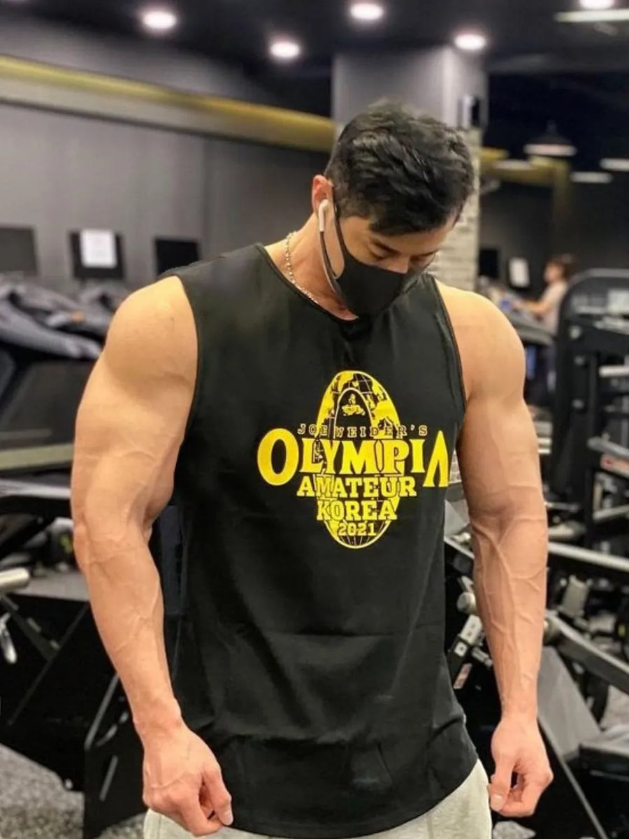 Black graphic muscle tank top with yellow Olympia Amateur Korea 2021 print