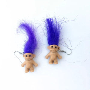 Purple troll doll dangle earrings with fuzzy hair