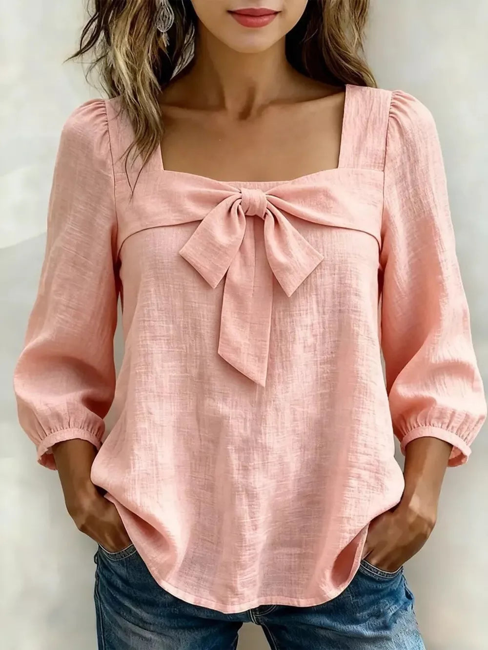 Yellow Full Size Bow Front Square Neck Blouse