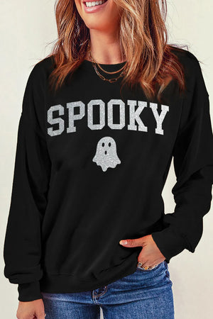 Black sweatshirt with glitter "Spooky" graphic and ghost detail
