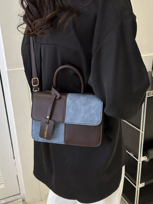 Chic two-tone PU leather crossbody bag with a patchwork design in brown and light blue.